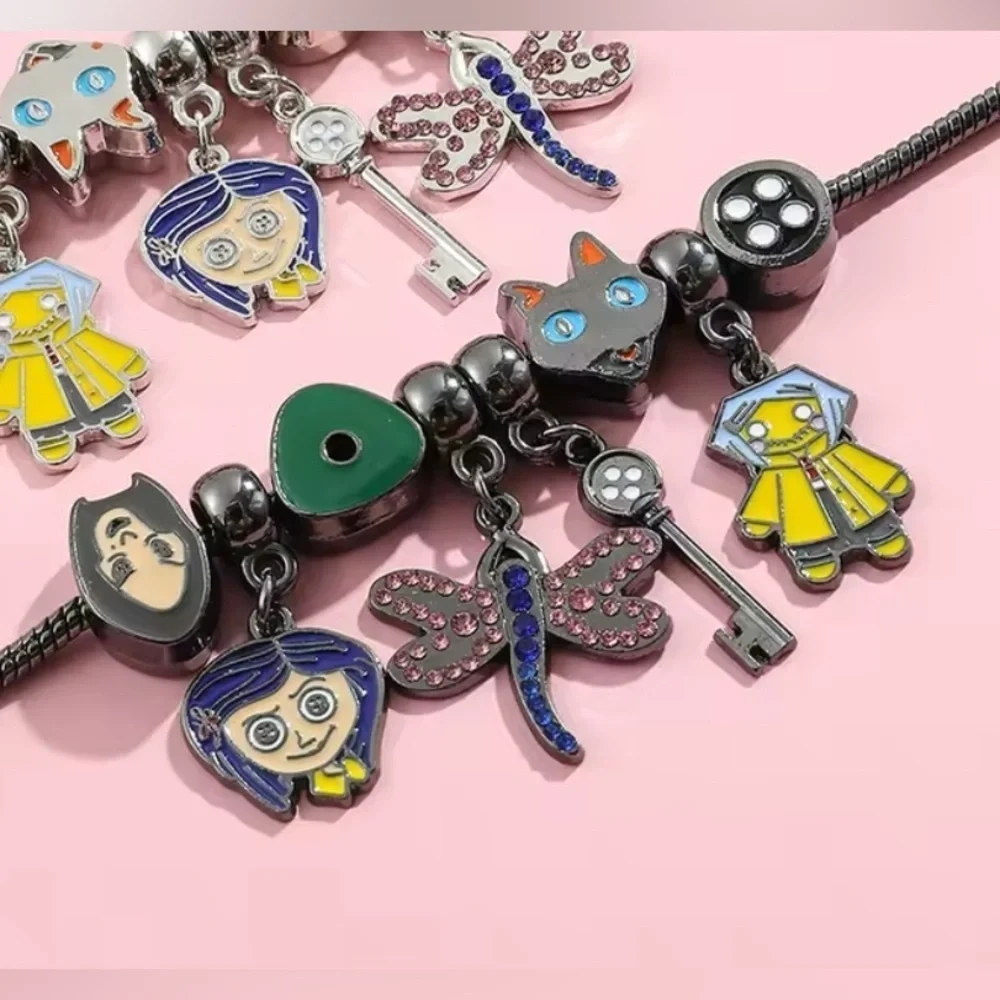 Black Rhodium Gold Coraline Inspired Themed Loaded Enamel Charm Bracelet Design